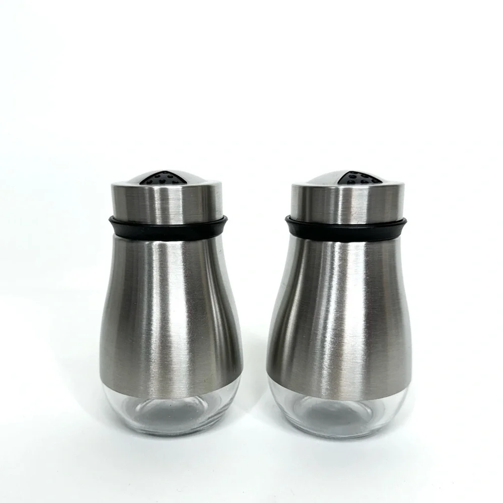 Salt & Pepper Shakers Two Size Plastic Sifters Snap On Top Stainless Steel Glass